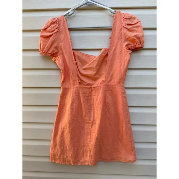 Aritzia Sunday Best Puff Sleeve Mini Dress Coral Linen Blend Size 2 - Picture 4 of 7